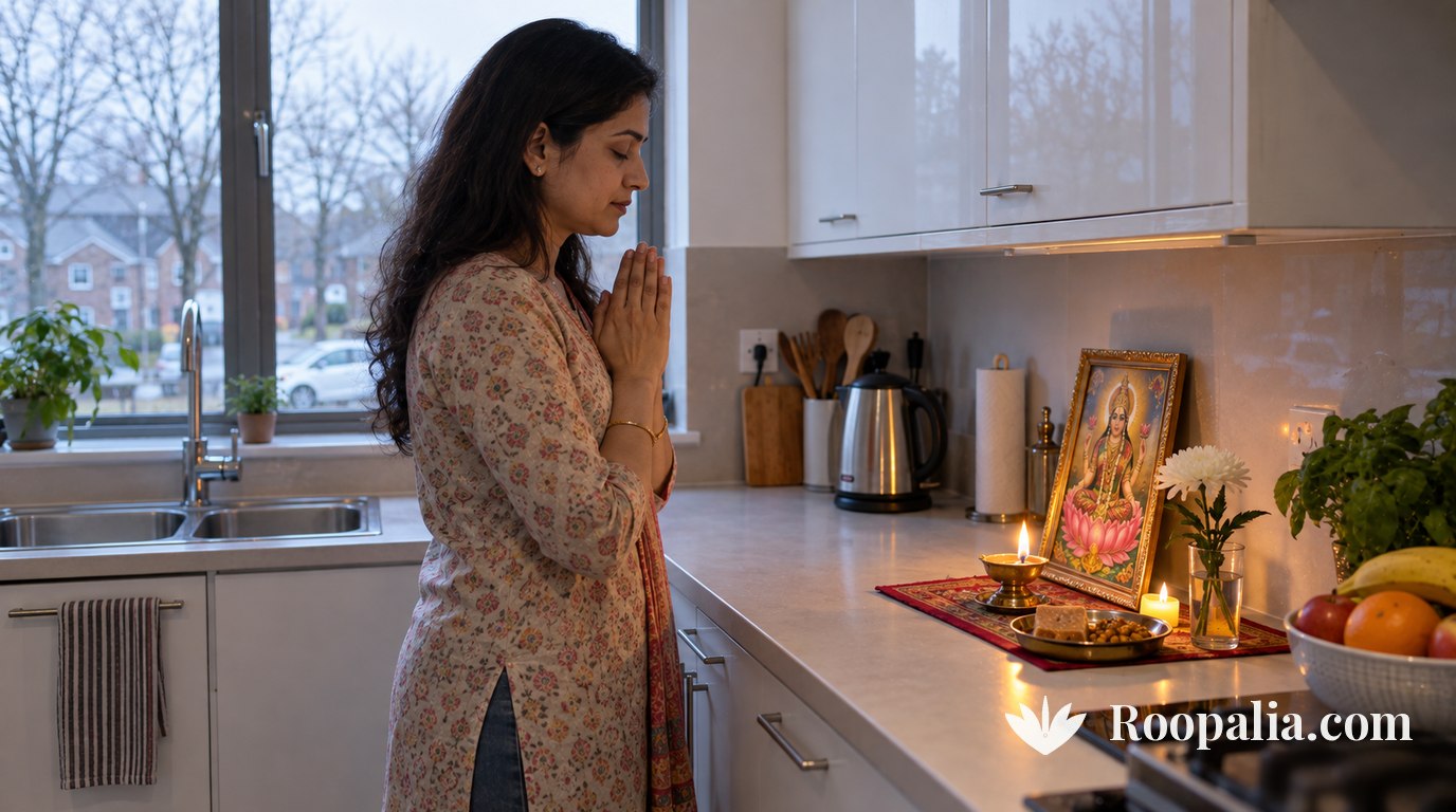 A woman keeping the Friday fast at a small shrine set up on a kitchen counter in a home outside India — AI-generated image (Roopalia)