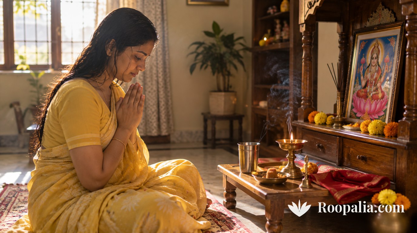 A woman lighting a lamp at her home shrine on a Friday morning — AI-generated image (Roopalia)