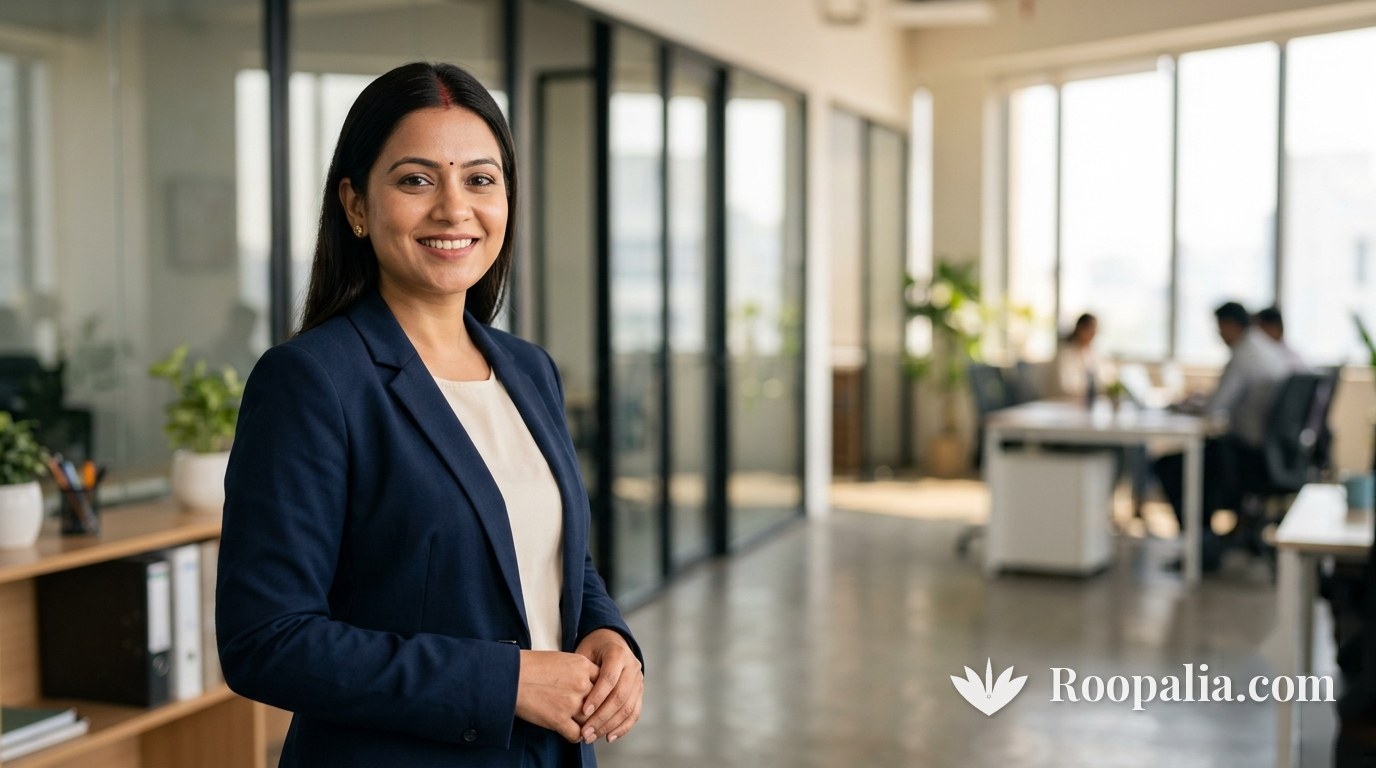 Indian woman in a navy blazer in a modern office, wearing a fine line of sindoor in her hair parting — AI-generated image (Roopalia)
