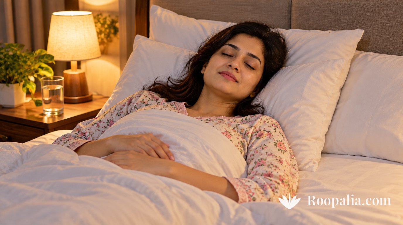 A woman sleeping peacefully with her head slightly raised on two pillows, a glass of water and a warm lamp beside the bed &mdash; AI-generated image (Roopalia)