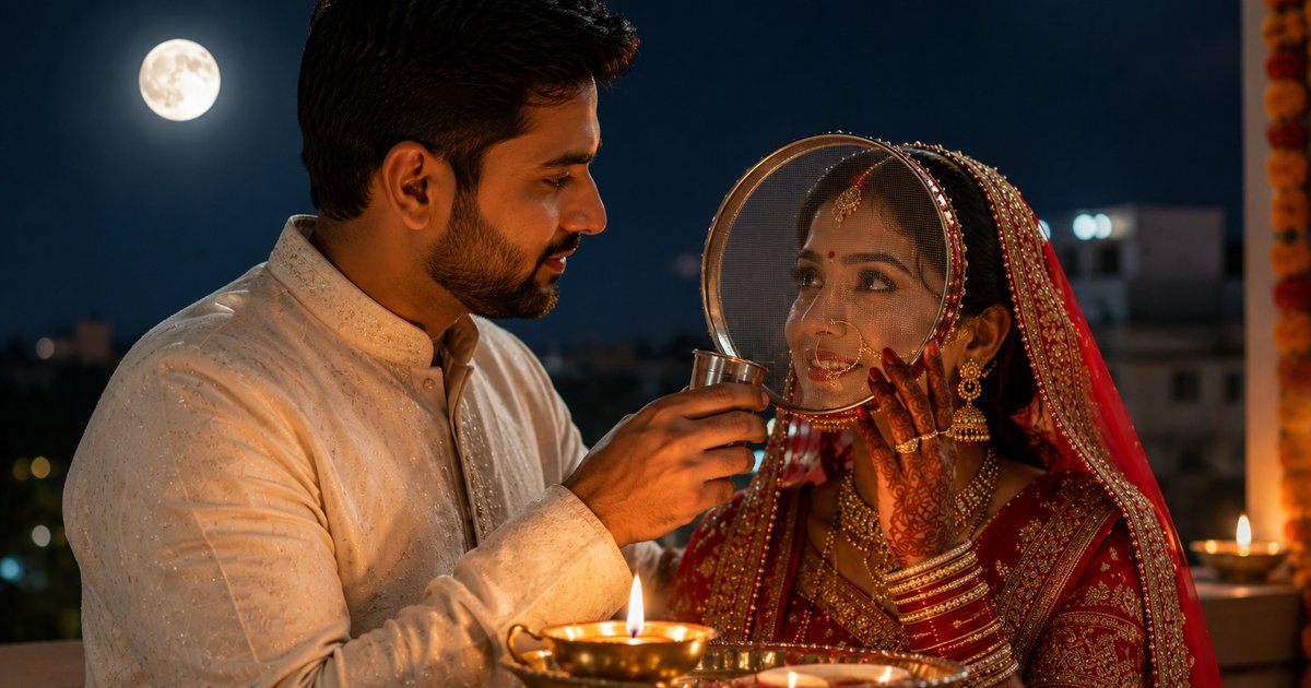 Woman in solah shringar looking at the moon and her husband through a sieve on Karwa Chauth (Roopalia)