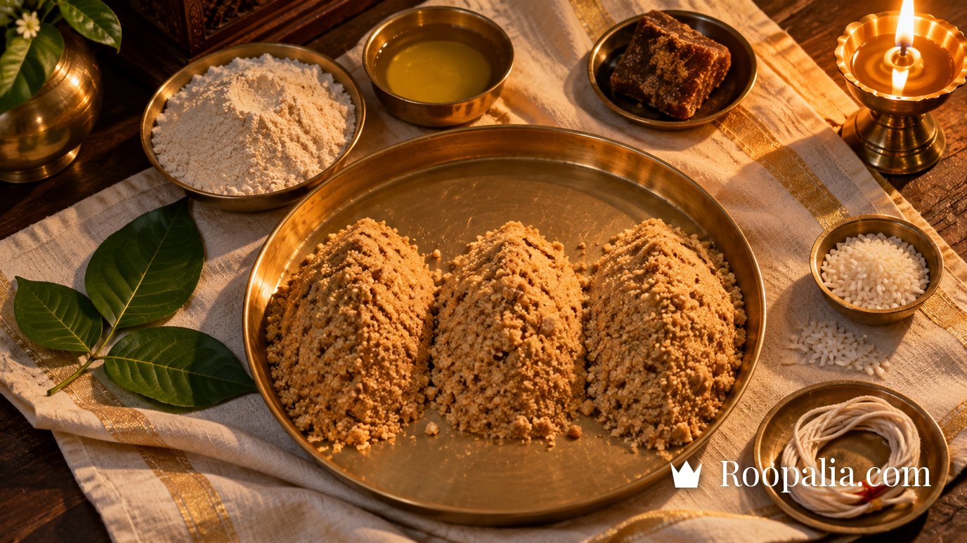 Roasted wheat panjiri divided into three equal portions on a brass thali with ghee, jaggery and bilva leaves — AI-generated image (Roopalia)