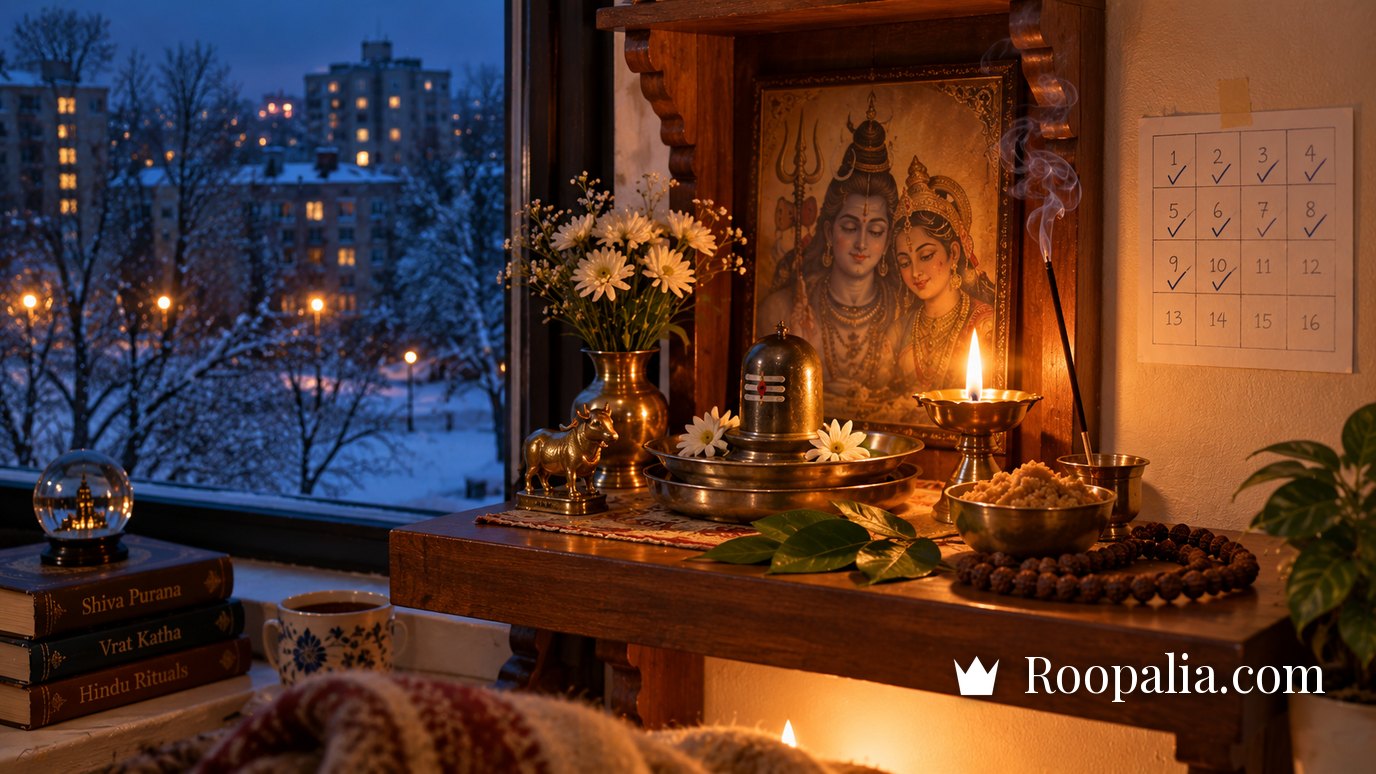 A small Shiva shrine in an apartment abroad with a hand-drawn sixteen-square tracker on the wall and a cold winter evening outside — AI-generated image (Roopalia)