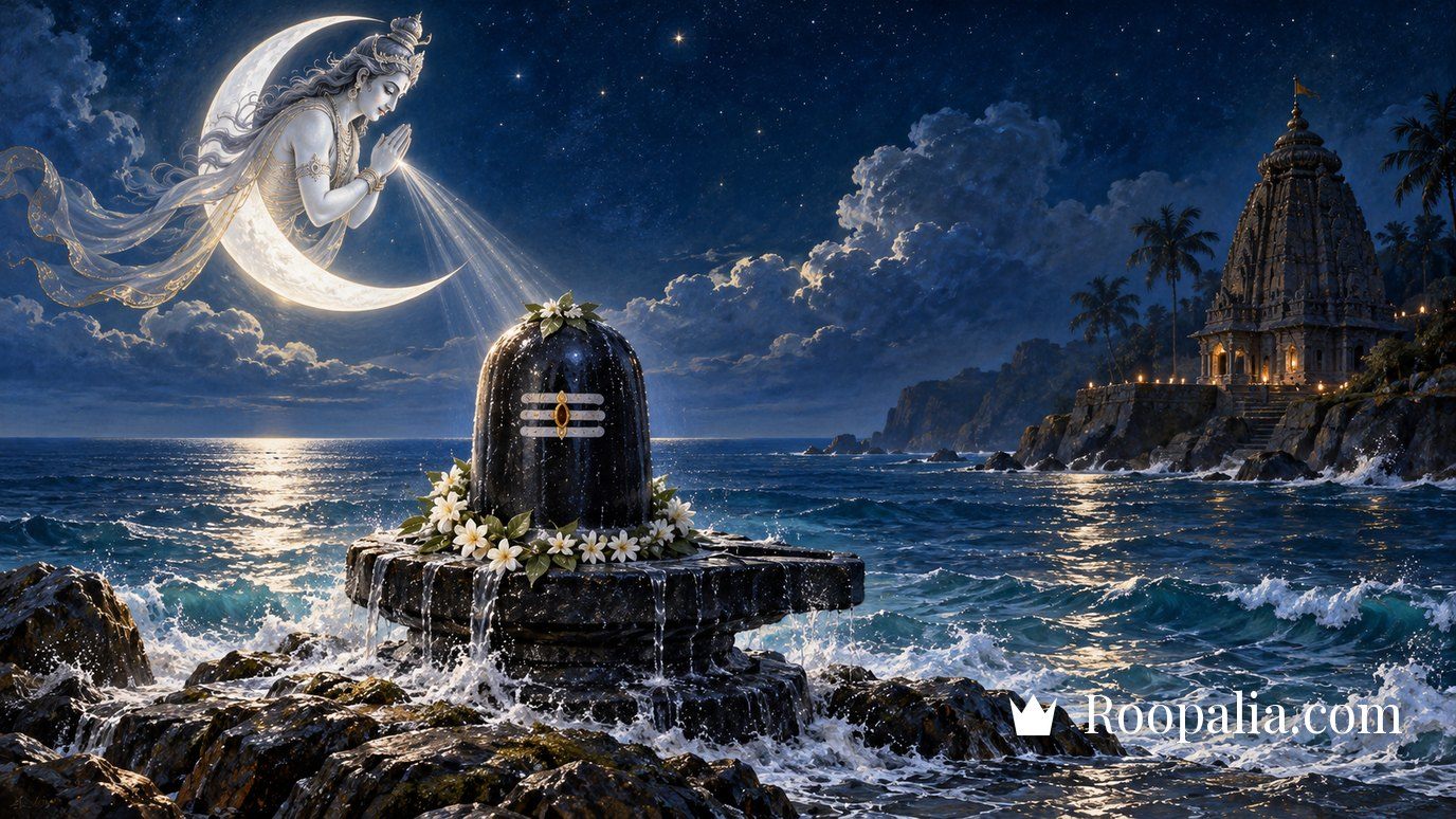 The Moon bowing before a Shivling on a moonlit seashore with an ancient temple spire behind — the origin story of Somnath — AI-generated image (Roopalia)