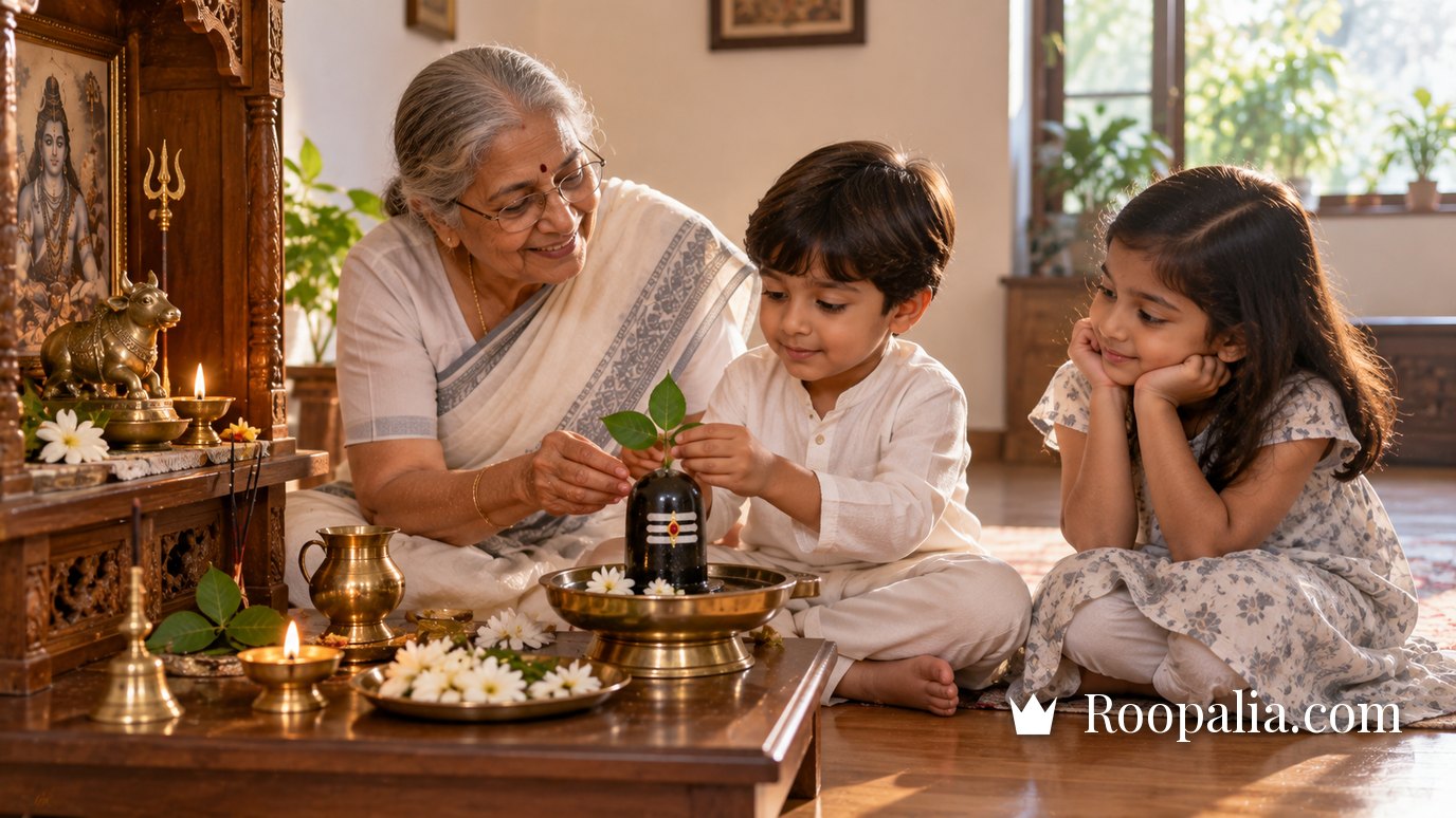 A grandmother teaching her grandchildren to offer a bilva leaf at the home Shivling — AI-generated image (Roopalia)