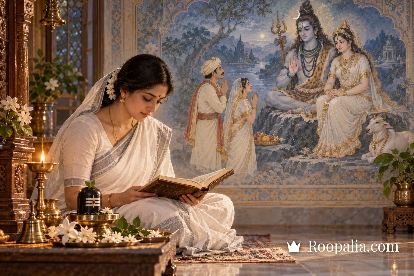 A woman reading the Somvar Vrat Katha before a lit diya, with the merchant couple before Shiva and Parvati painted like a fresco behind her — AI-generated image (Roopalia)