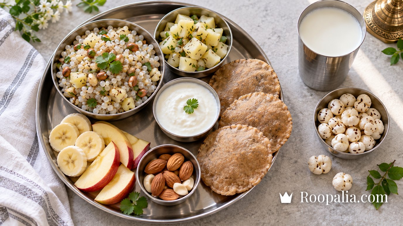 A Monday fast phalahar thali — sabudana khichdi, potatoes with rock salt, curd, fruit, singhada puris, milk and makhana — AI-generated image (Roopalia)