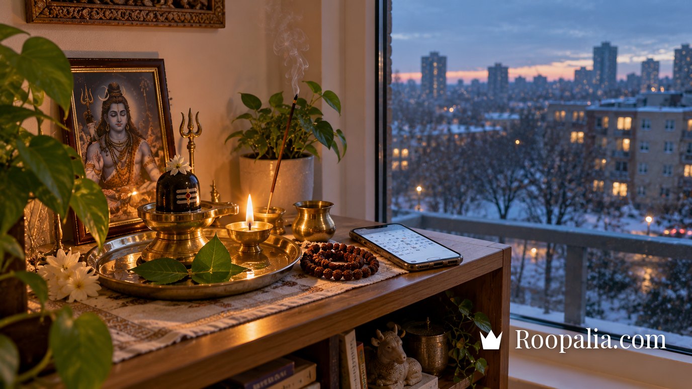 A small Shiva shrine by the window of an apartment abroad — a brass Shivling, a diya, bilva leaves, and a cold evening city outside — AI-generated image (Roopalia)