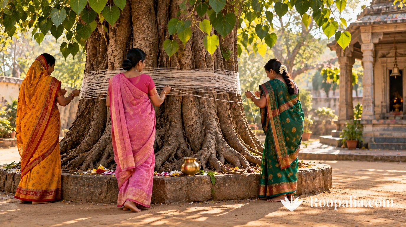 Three women in bright sarees winding raw white cotton thread round the trunk of a huge peepal tree in a temple courtyard, a brass lota and flowers at its base &mdash; AI-generated image (Roopalia)