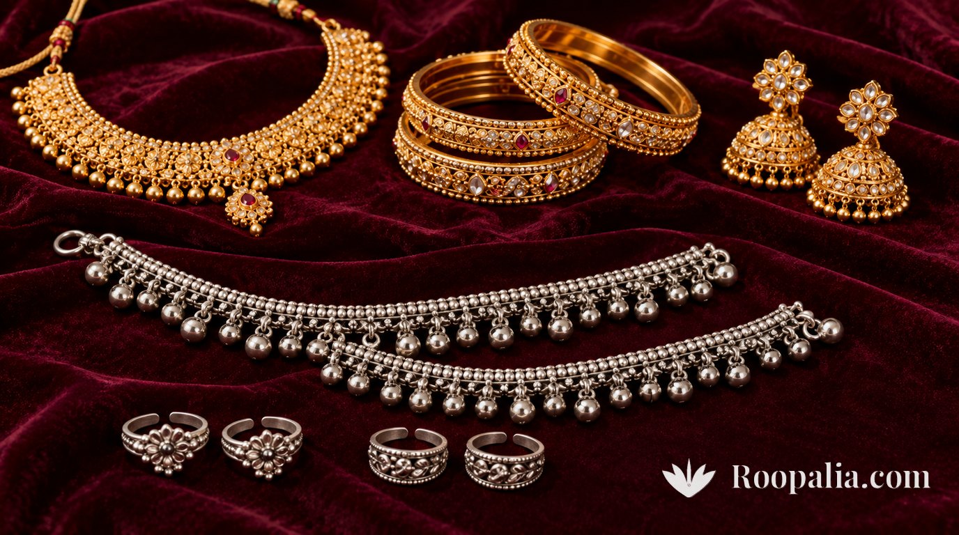On maroon velvet, a gold necklace, gold bangles and jhumkas above, and below them a pair of silver ghungroo anklets and four silver toe rings &mdash; AI-generated image (Roopalia)