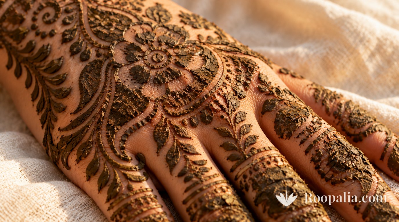 A close view of dried, crackled henna paste on the back of a hand.