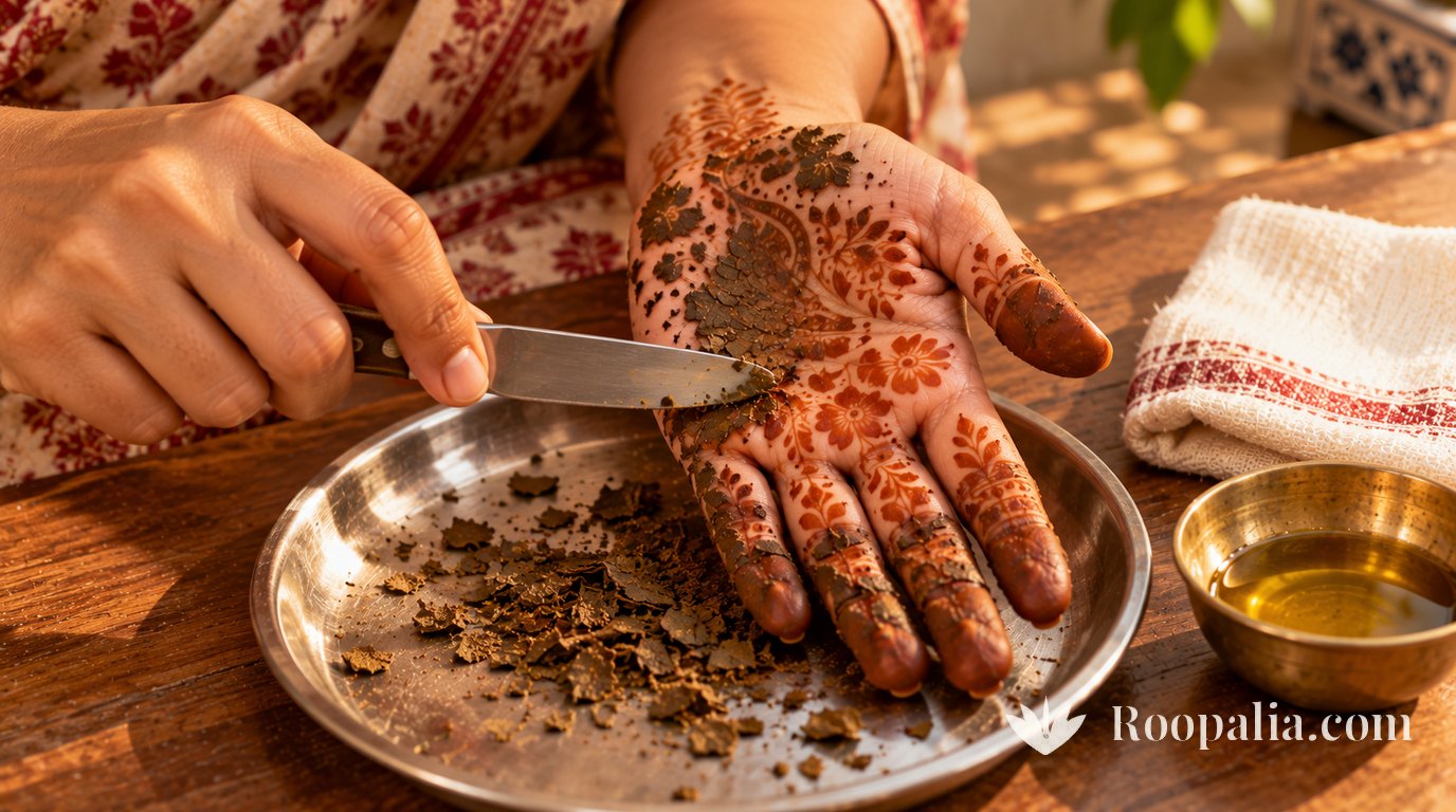 Dried henna being scraped off a palm with the blunt edge of a knife over a steel plate, with a small bowl of oil.