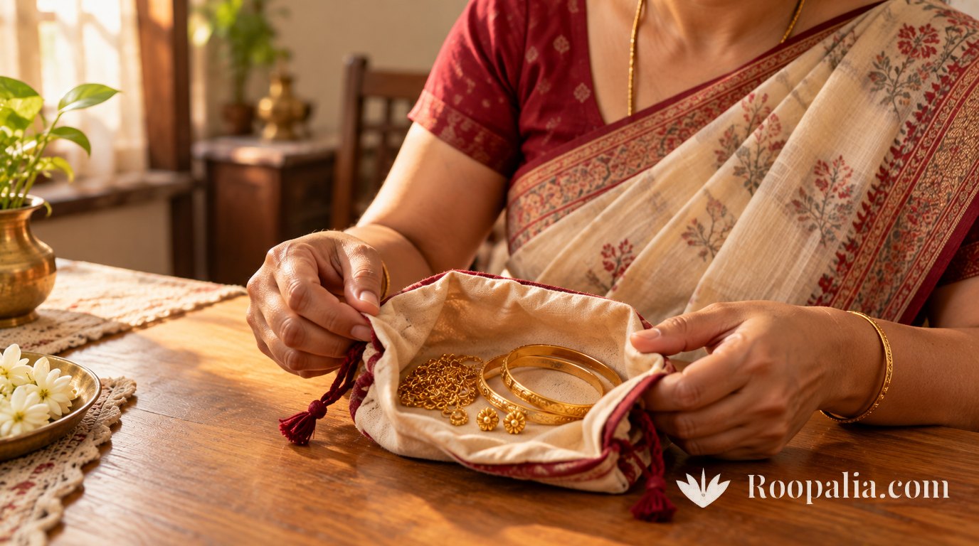 A woman in a cotton saree opening a cloth pouch holding her own gold bangles, studs and chain.