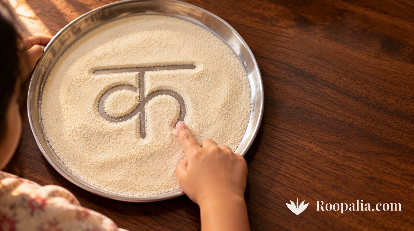 A child's finger tracing a single Devanagari letter through a thin layer of semolina spread on a steel thali resting on a dark wooden counter — AI-generated image (Roopalia)