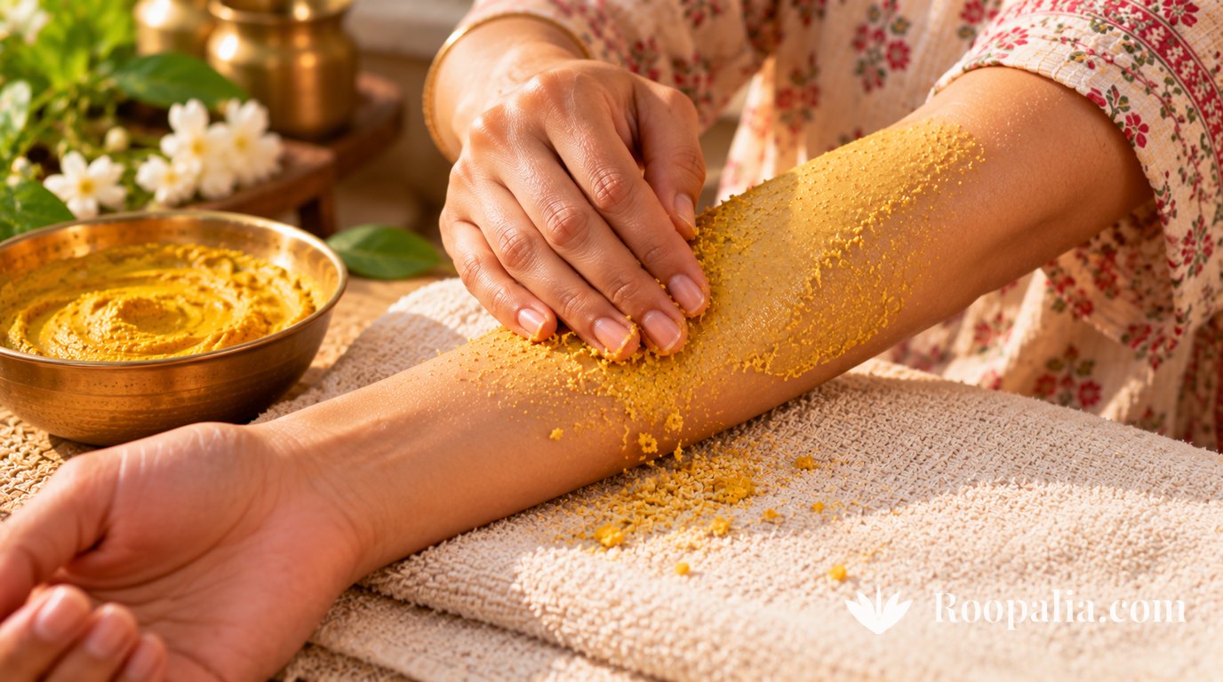 Fingers rubbing half-dried ubtan off a forearm resting on a towel, the yellow crumbs falling onto the towel &mdash; AI-generated image (Roopalia)