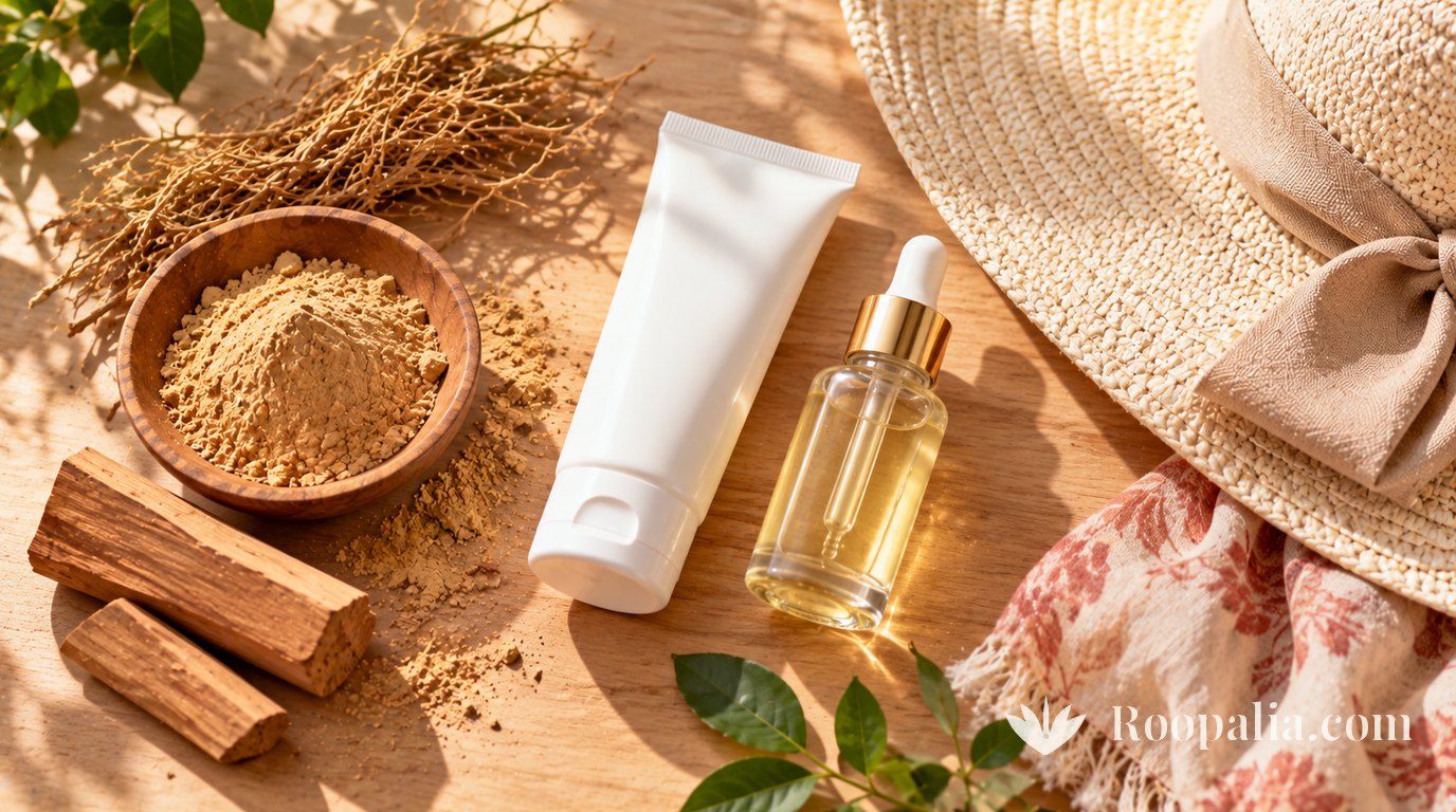 Unbranded skincare beside sandalwood powder, vetiver roots and a sun hat.