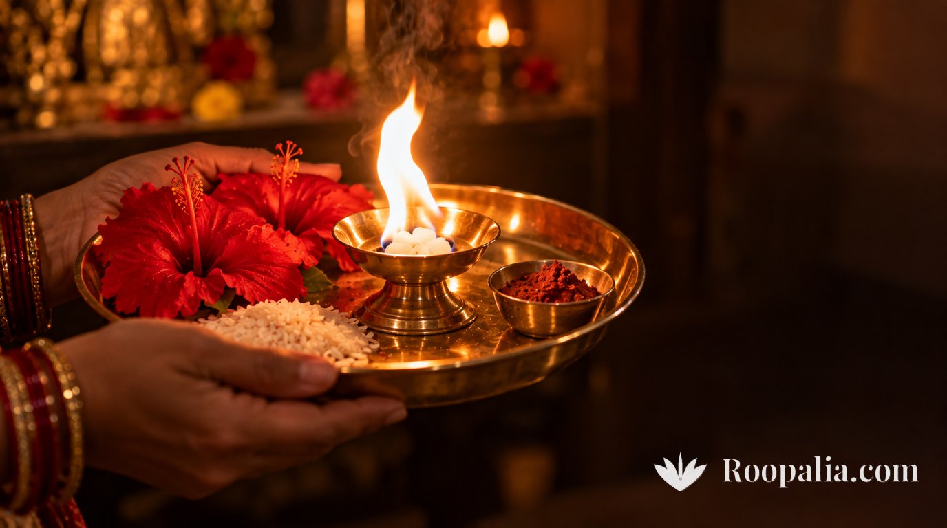 A brass aarti plate held in two hands with a bright camphor flame at its centre, red hibiscus flowers, unbroken rice and a small bowl of red sandalwood paste on the plate &mdash; AI-generated image (Roopalia)