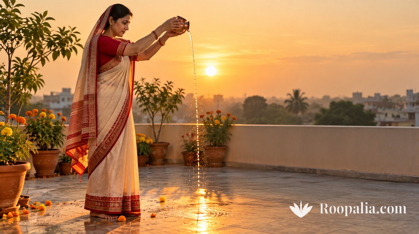 A woman on a terrace at sunrise raising a copper lota in both hands and pouring a thin stream of water toward the low golden sun, marigolds in pots around her — AI-generated image (Roopalia)