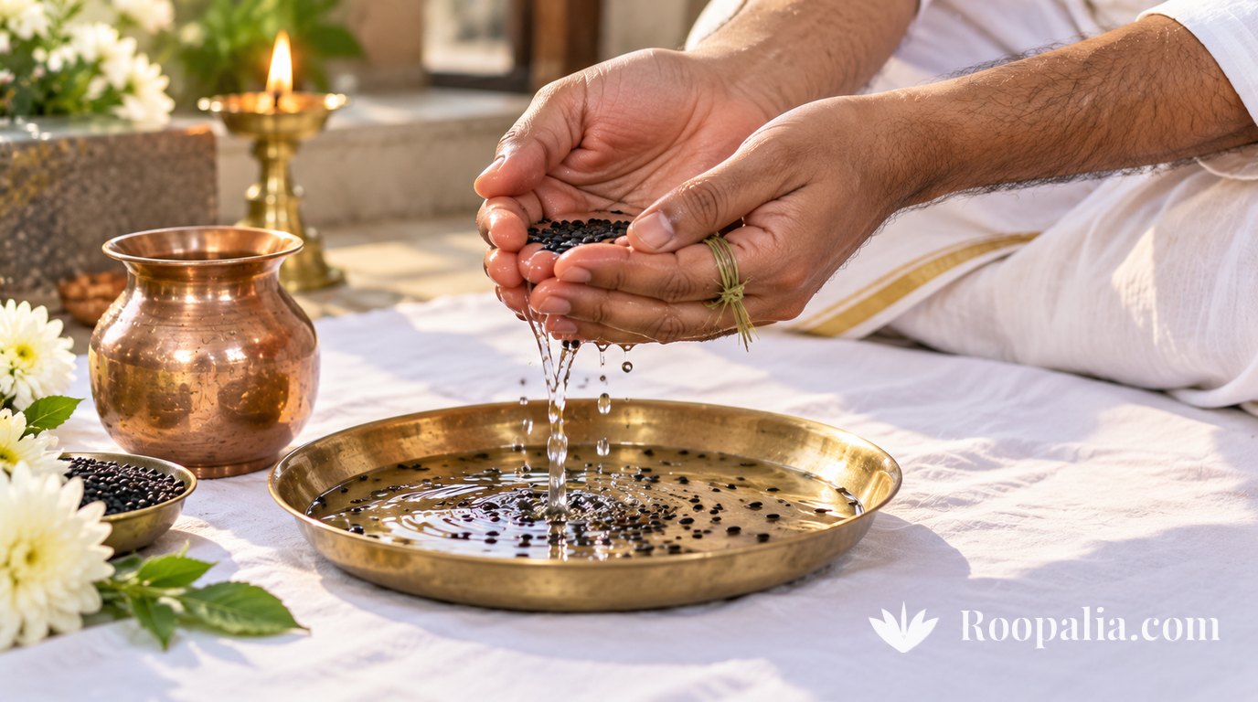 Hands wearing a kusha grass ring on the ring finger pouring water mixed with black sesame into a brass plate on white cloth, a copper lota, a bowl of sesame, white flowers and a lit lamp beside it &mdash; AI-generated image (Roopalia)