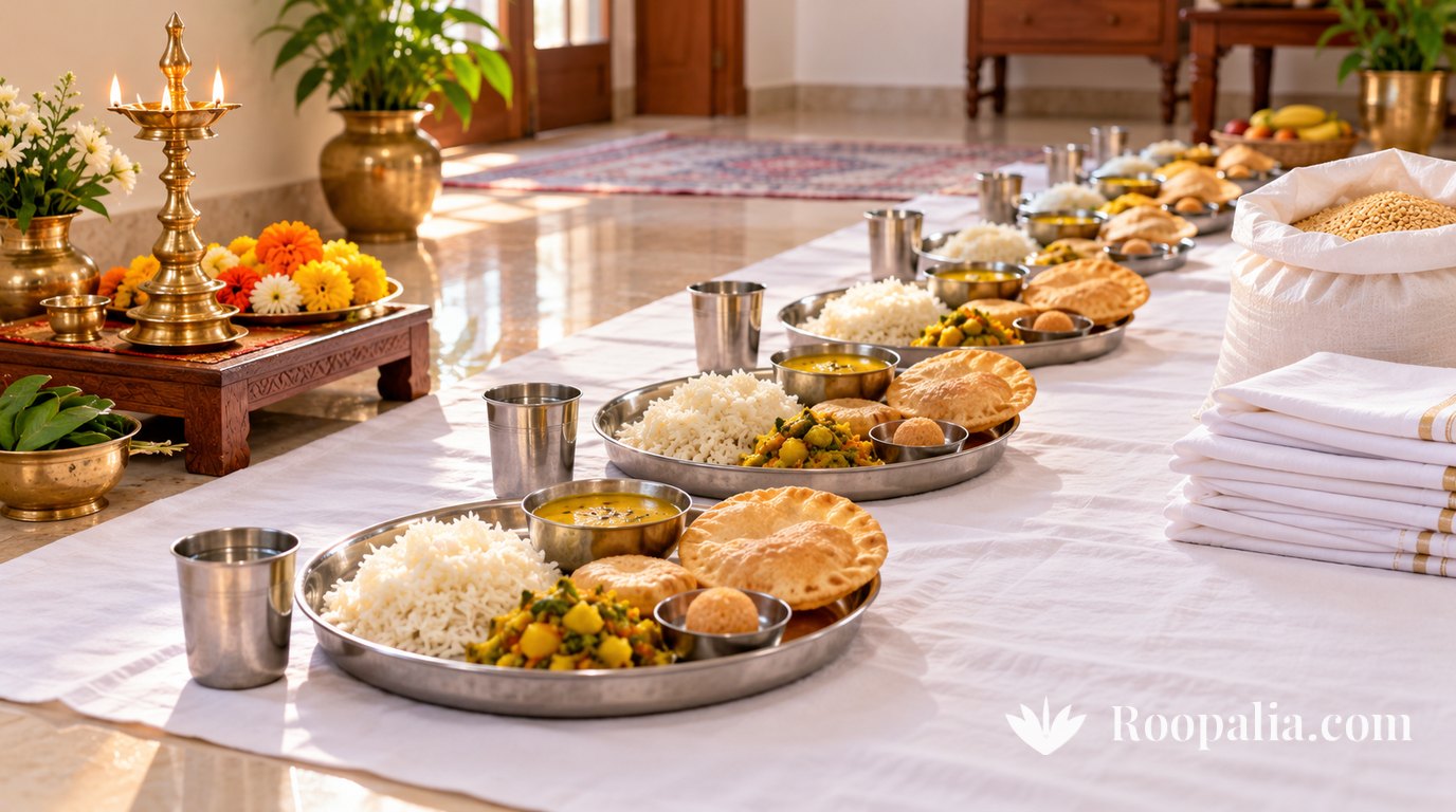 Steel plates of dal, rice, vegetables, puris and a small sweet set on a white cloth on the floor, with folded white cloths and a sack of grain kept aside for donation and a brass lamp behind &mdash; AI-generated image (Roopalia)