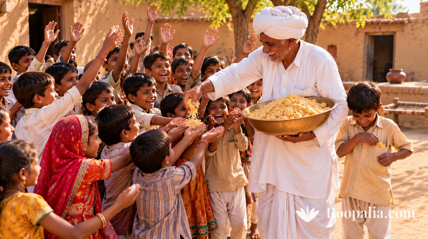 In a village courtyard an elderly man in a white turban hands out fistfuls of pale golden country sugar from a brass tray to a crowd of laughing children with raised hands, one boy stuffing sugar into his pocket &mdash; AI-generated image (Roopalia)