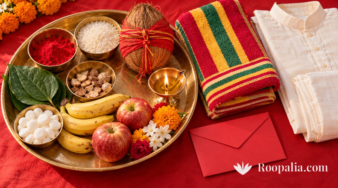 A brass tilak plate on red cloth with roli, rice, a coconut tied with red thread, a lit lamp, betel leaves, supari, bananas, apples and white batashe, beside a red-green-yellow striped towel, a cream kurta and a red envelope &mdash; AI-generated image (Roopalia)