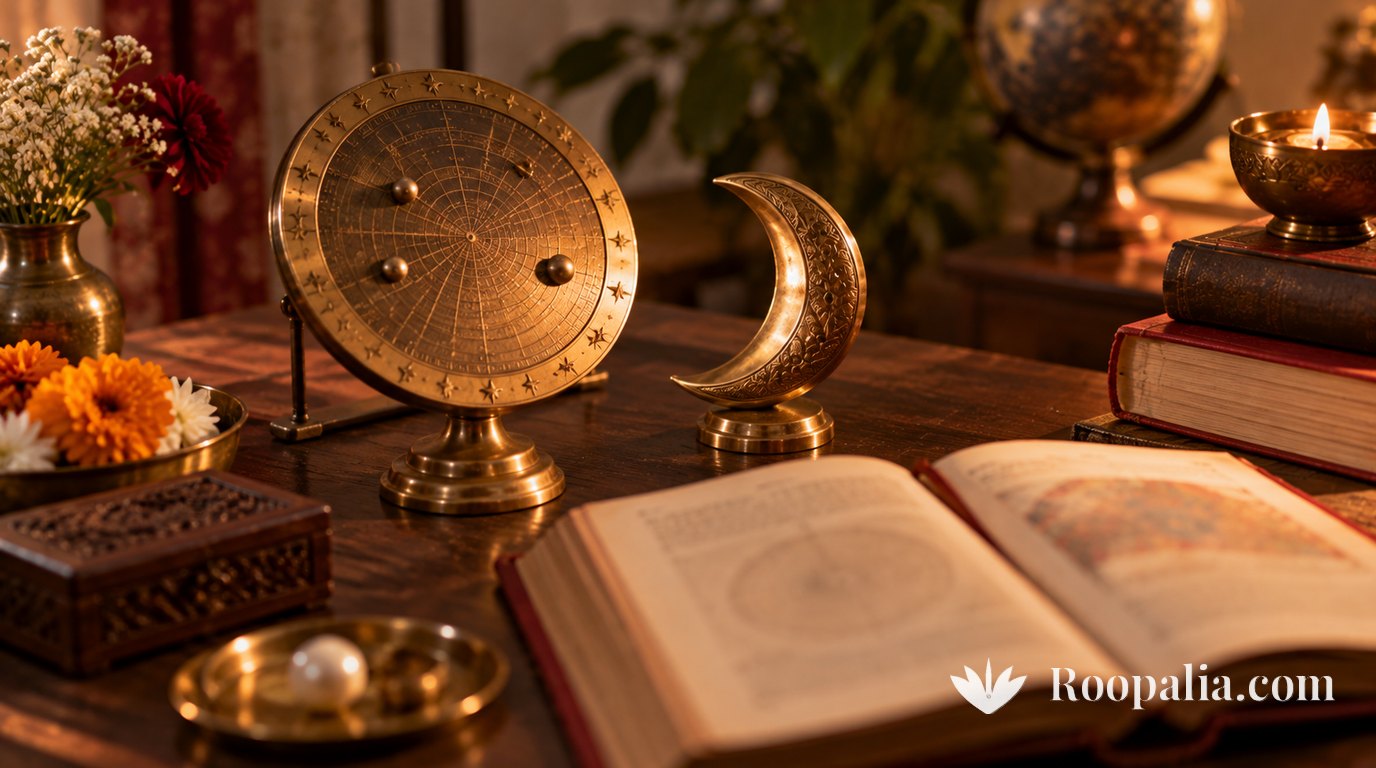 A still life on a dark wooden table — a small brass astronomical disc, a brass crescent moon and an open traditional almanac with its pages blurred and unreadable, lit softly from one side. AI-generated image (Roopalia)