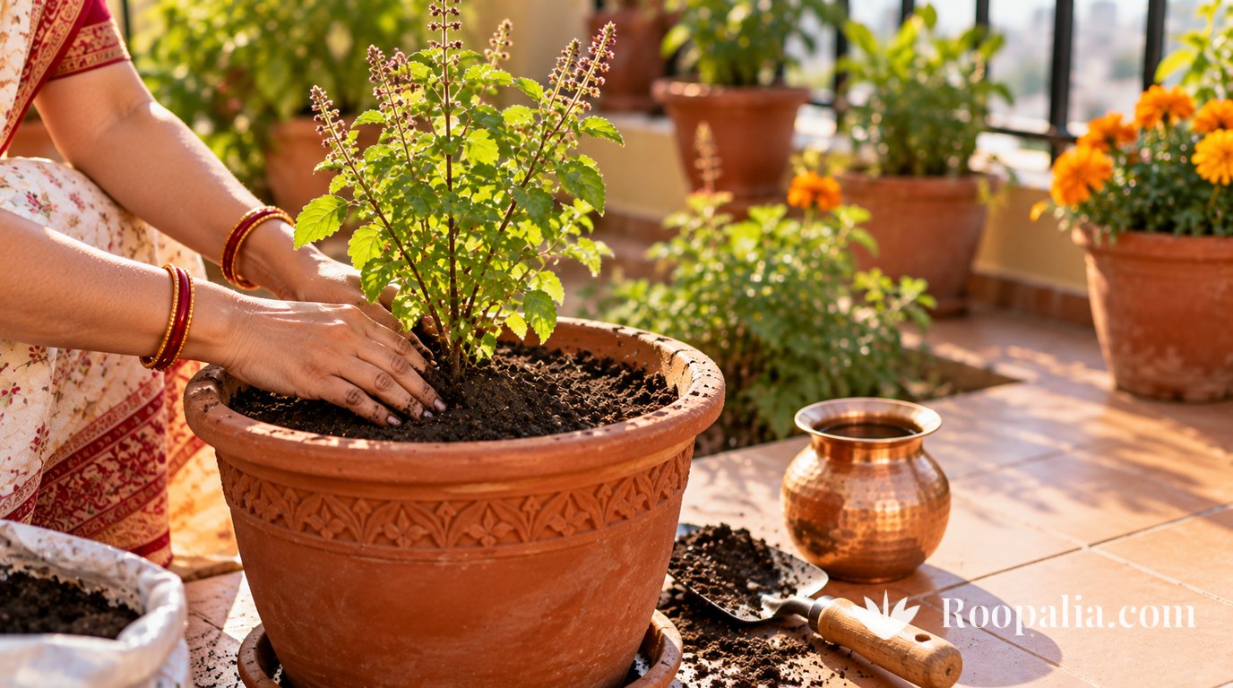 Hands press soil around a young tulsi plant in a large carved terracotta pot on a sunny balcony, a copper lota and trowel beside it &mdash; AI-generated image (Roopalia)