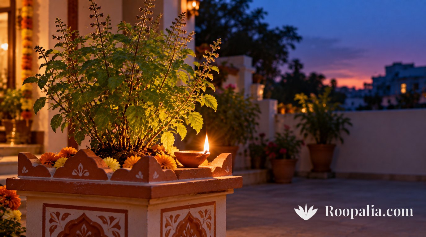 A small clay diya burns on the ledge of a tulsi vrindavan at dusk, lighting the leaves against a deep blue evening sky &mdash; AI-generated image (Roopalia)