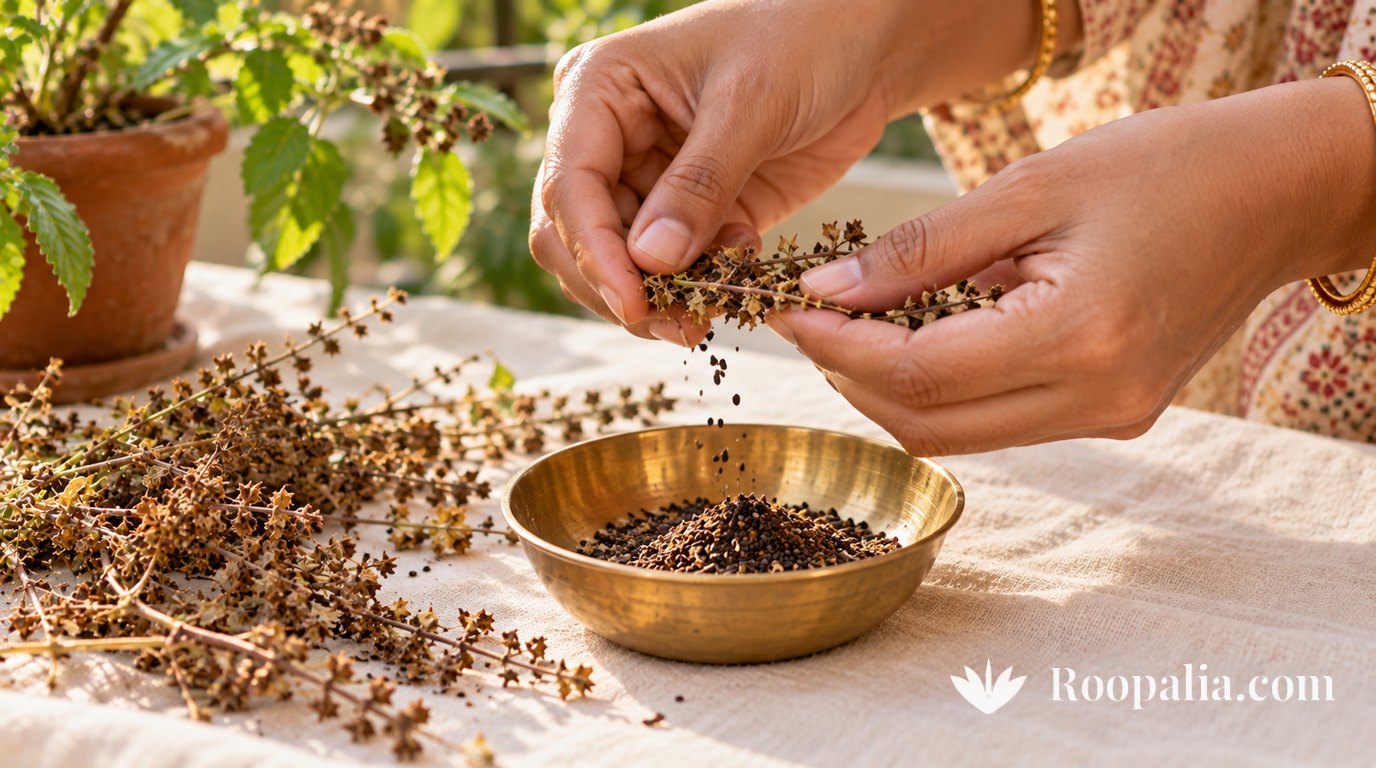 Hands rub dried tulsi manjari over a brass bowl, tiny dark seeds falling into it, dried seed spikes scattered on a cream cotton cloth &mdash; AI-generated image (Roopalia)