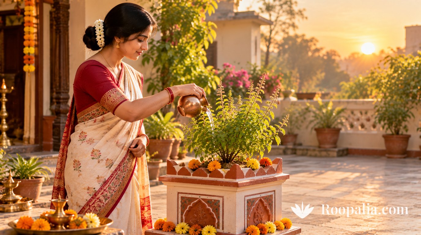 A young woman in a cream and red saree pours water from a copper lota into a tulsi growing in a brick tulsi vrindavan in a sunlit courtyard at sunrise &mdash; AI-generated image (Roopalia)