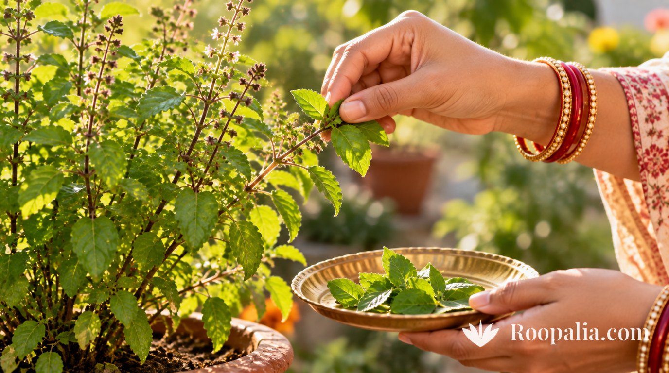 A woman&rsquo;s fingertips gently pick a small cluster of tulsi leaves from the tip of a branch, a brass plate held below to catch them &mdash; AI-generated image (Roopalia)