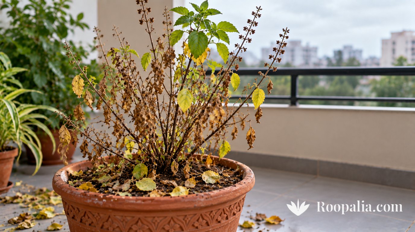 A struggling tulsi in a clay pot on a balcony with dry brown woody stems, yellowing and fallen leaves, only a few green leaves left at the top &mdash; AI-generated image (Roopalia)