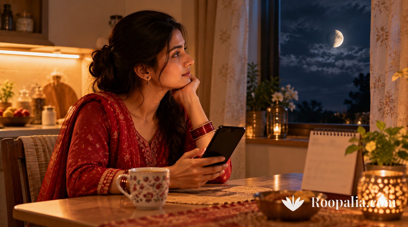 A woman at a kitchen table in an apartment at night, phone in one hand showing a blank calendar screen, looking towards the window where a partial moon shows through light cloud; a cup of tea and a small paper calendar on the table. AI-generated image (Roopalia)