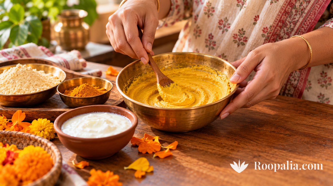Hands stirring a thick yellow gram-flour and turmeric paste with a wooden spoon in a brass bowl, with small bowls of besan, turmeric and yoghurt and marigolds nearby &mdash; AI-generated image (Roopalia)