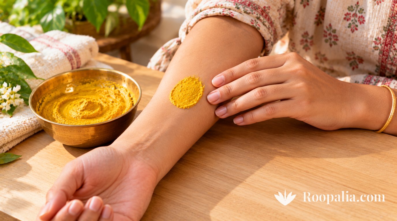 A coin-sized circle of yellow ubtan on the inner forearm resting on a wooden table, with a brass bowl of paste and jasmine flowers nearby &mdash; AI-generated image (Roopalia)