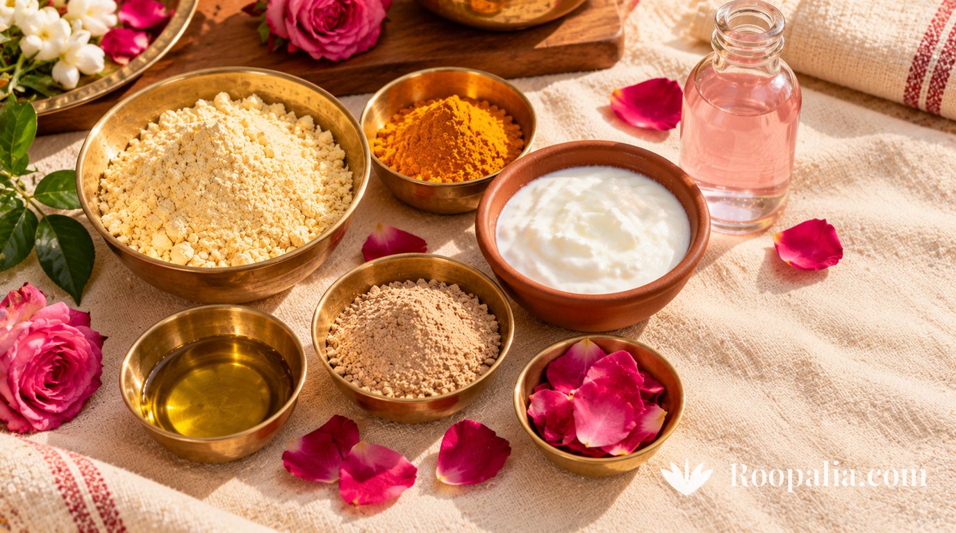 Brass bowls of gram flour, turmeric, yoghurt, mustard oil and sandalwood powder on a striped cotton cloth, with a bottle of rose water and rose petals &mdash; AI-generated image (Roopalia)