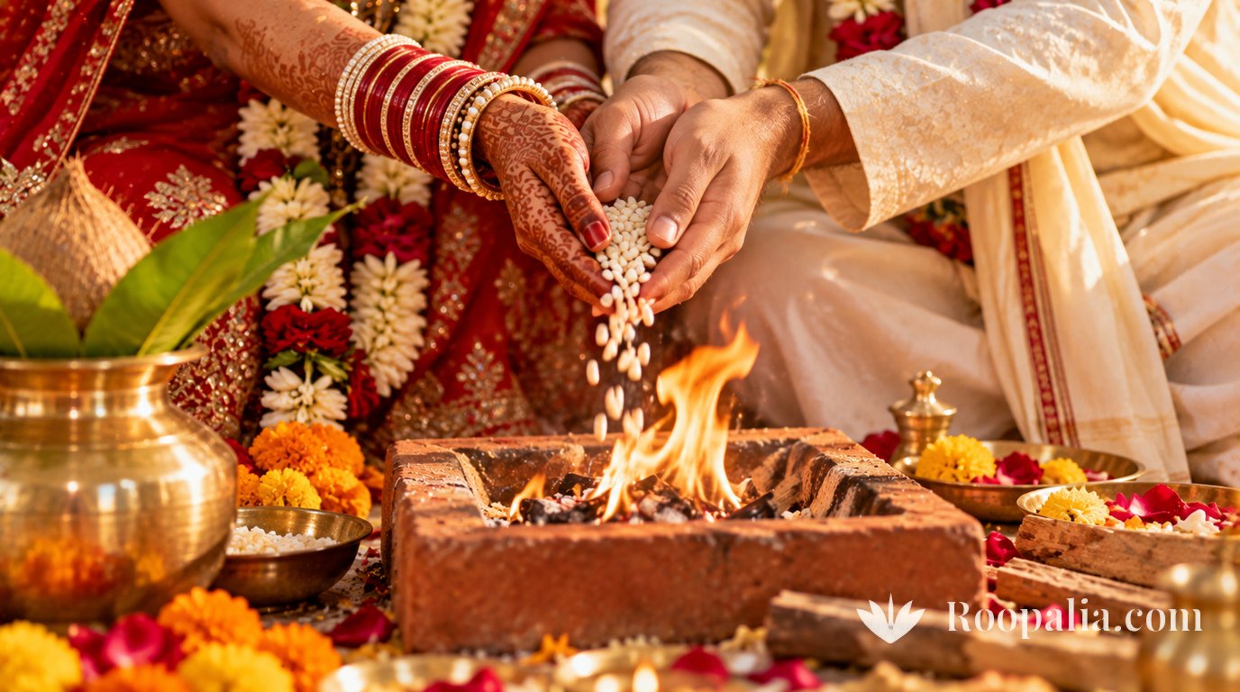 A bride and groom’s joined hands releasing puffed grain into a small brick wedding fire, her wrists stacked with red and white bangles.