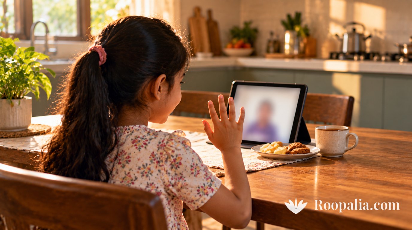 A seven-year-old girl waving at a tablet propped on a kitchen table, seen from behind, the screen angled so nothing on it can be read; a cup of tea and a plate of biscuits beside her — AI-generated image (Roopalia)