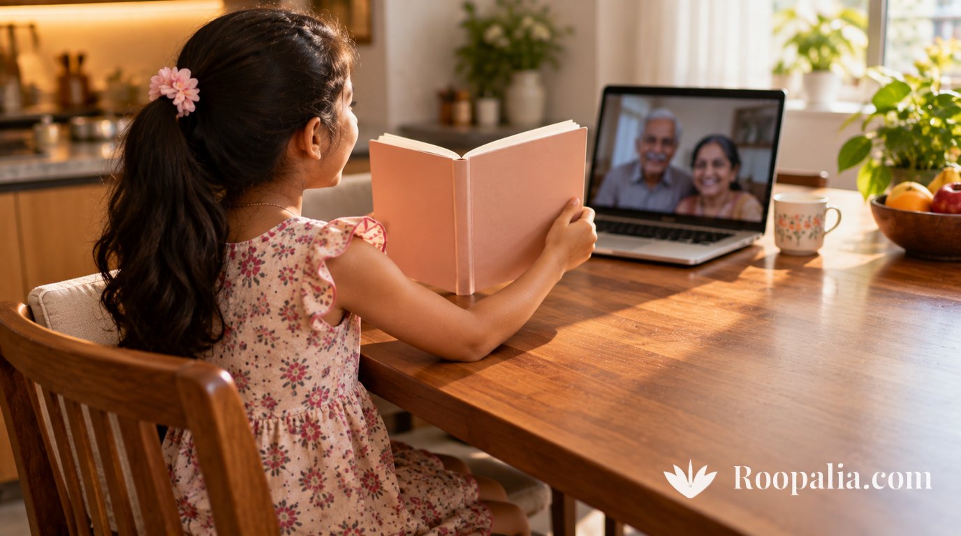 A seven-year-old girl kneeling on a chair at a kitchen table, holding an open book up towards a laptop and reading aloud to grandparents who appear softly blurred on the screen — AI-generated image (Roopalia)