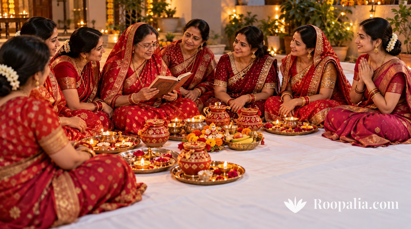 सफ़ेद चादर पर घेरे में बैठी लाल साड़ियों में स्त्रियाँ, बीच में करवे, थालियाँ और दीपक, एक बड़ी स्त्री कथा पढ़ती हुई और किनारे बैठी एक युवा स्त्री हाथ जोड़े सुनती हुई — AI-निर्मित चित्र (Roopalia)