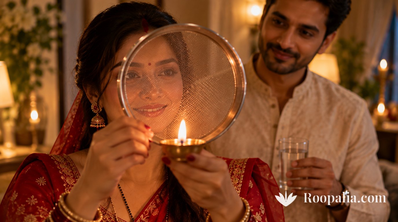 A woman looking through a small steel sieve at a lit diya held up in front of her, her face softly lit from below by the flame, a partner holding a glass of water blurred behind her. AI-generated image (Roopalia)