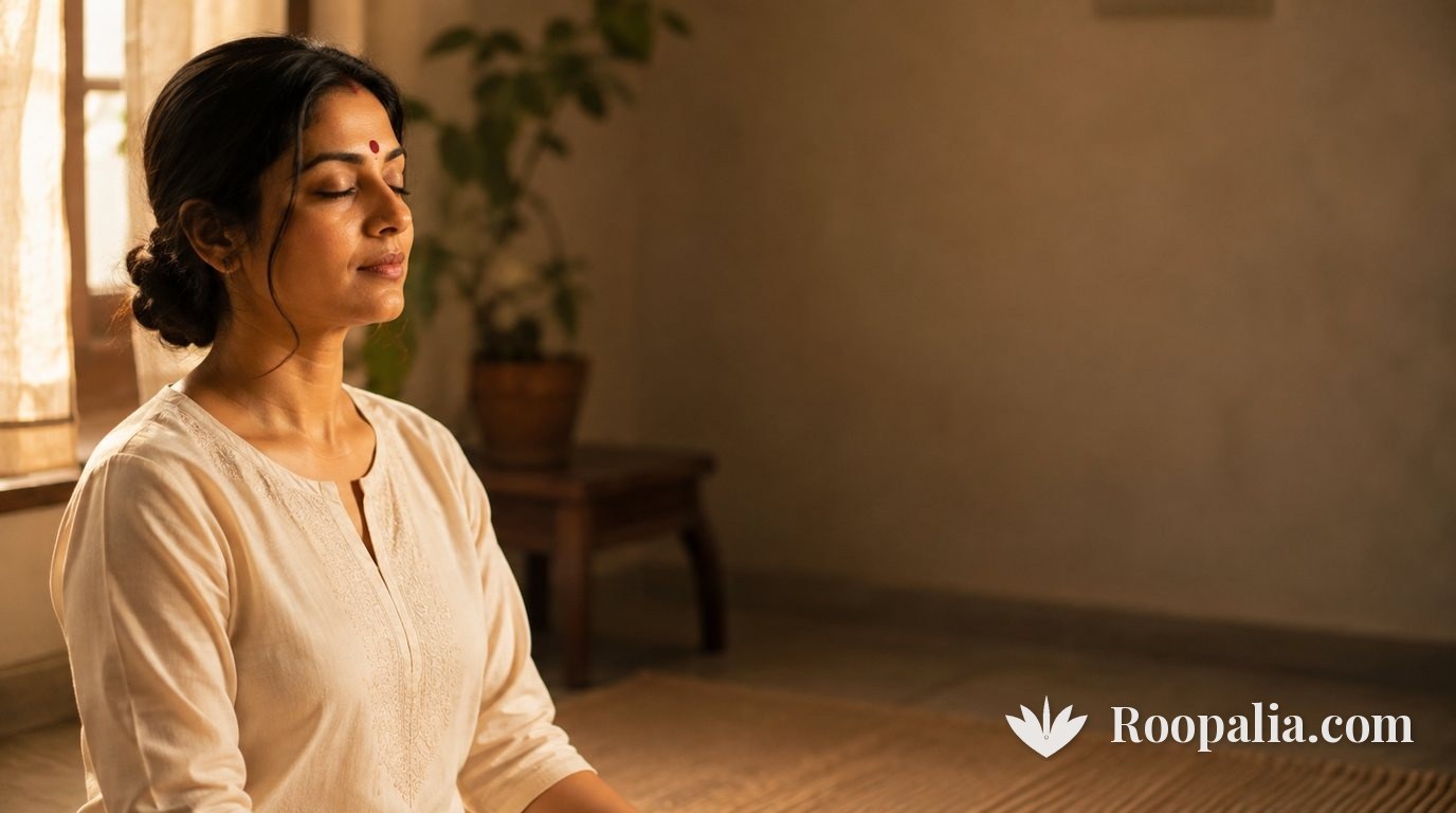 Indian woman meditating with a red bindi between her eyebrows, illustrating the Ajna chakra and bhrumadhya point (Roopalia)