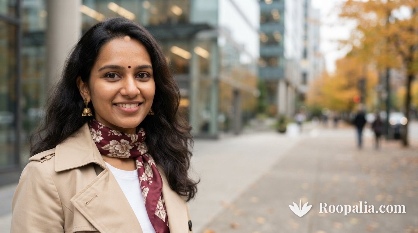 Modern Indian woman living abroad wearing a small maroon bindi with Western clothing on a city street (Roopalia)