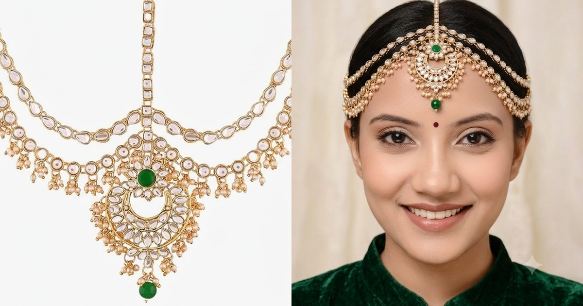 Indian bride wearing a bridal maang tikka — kundan matha patti as part of bridal shringar (Roopalia review)
