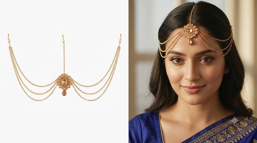 I Jewels gold three-strand matha patti maang tikka worn by a woman (Roopalia review)