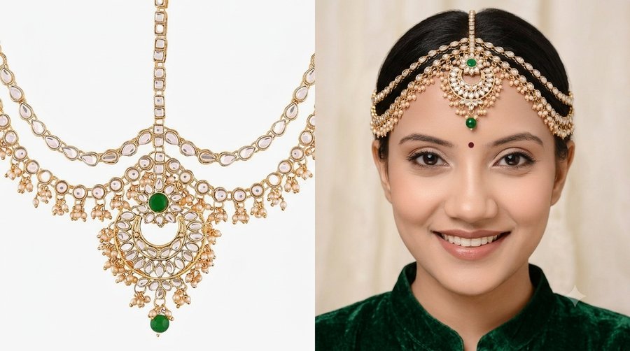 I Jewels green kundan pearl matha patti maang tikka worn by a bride (Roopalia review)