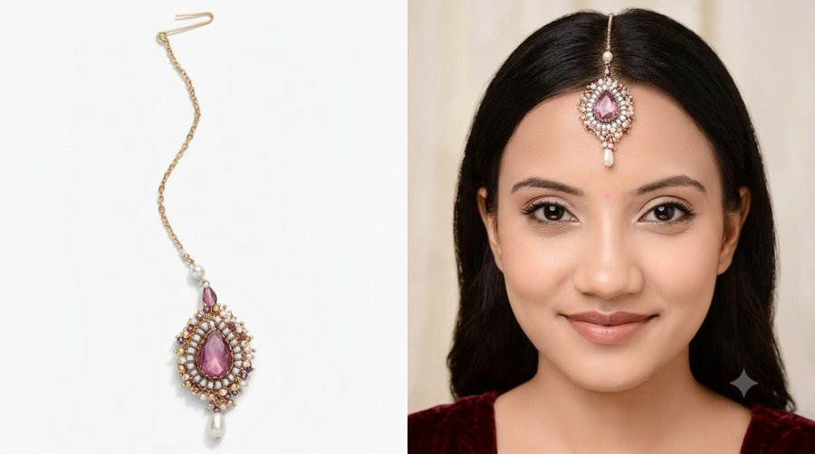 SANJOYA violet stone embroidered maang tikka worn by a woman (Roopalia review)