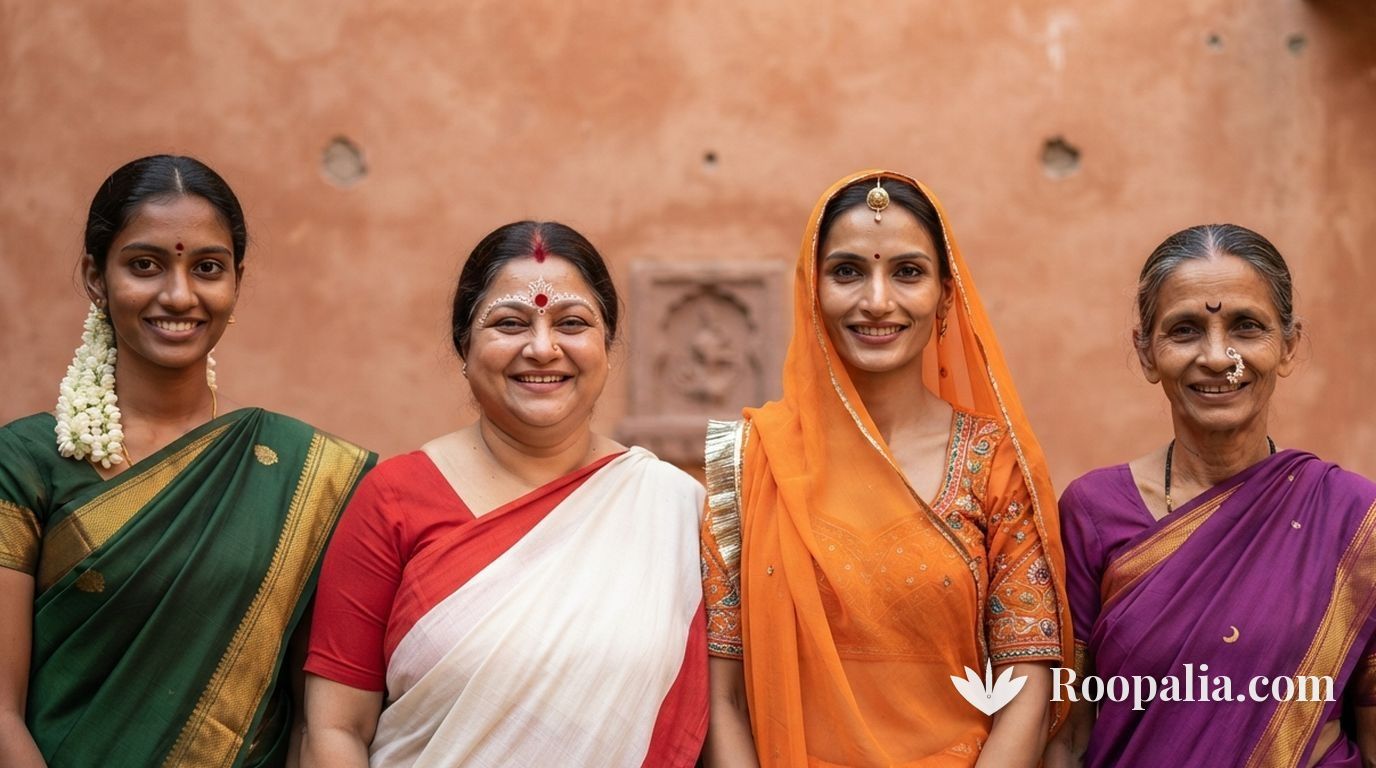 Four Indian women from different states wearing their regional bindi styles — South India, Bengal, Rajasthan and Maharashtra (Roopalia)