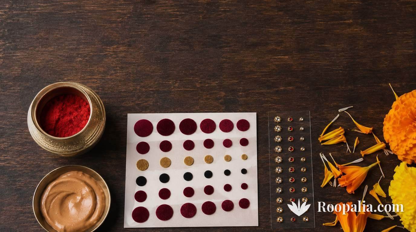 Types of bindi — kumkum powder in a brass pot, sandalwood paste, velvet sticker bindis and crystal-studded designer bindis (Roopalia)